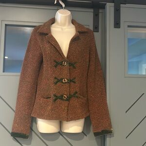 Anthropologie size S. Cardigan style boucle. Green and orange. Velvet detail